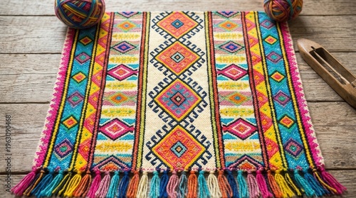 Top View Of Traditional Handwoven Rug With Colorful Geometric Diamond Pattern
