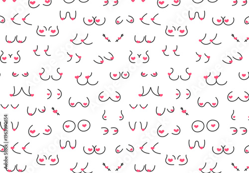 Female breast Seamless pattern in graphic line style. Hand drawn woman breast set. Inclusivity and diversity.