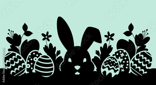 Easter Bunny and Eggs Silhouette with Flowers.