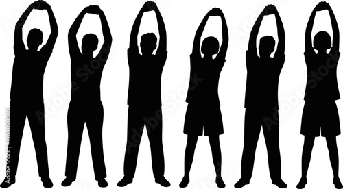 Group of people stretching overhead silhouettes fitness warm up exercise routine healthy lifestyle teamwork morning activity vector concept illustration trainingGroup o