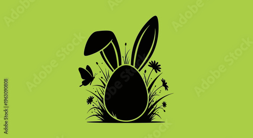 Easter Bunny Egg Silhouette with Butterfly and Flowers.