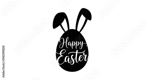Happy Easter egg with bunny ears black and white illustration.