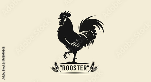 Majestic black rooster silhouette standing proudly on a decorative banner.