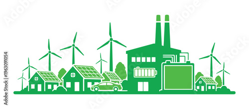 A view with houses, a car, solar panels on the roof, an industrial building, battery backup storage, and windmills. This represents a renewable energy smart power system.