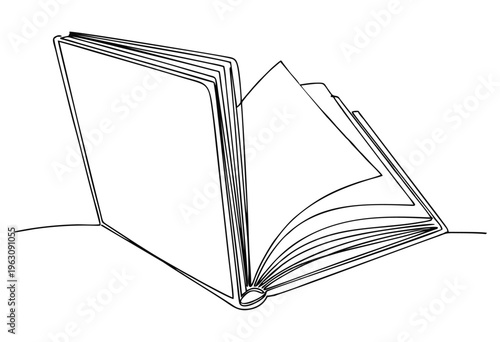 Open book with blank pages, black and white line drawing, symbolizing knowledge and education