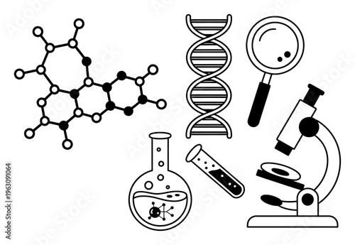Scientific DNA, Microscope, Molecules, and Lab Equipment