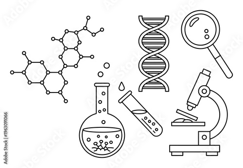 Scientific DNA, Molecules, Microscope, Magnifying Glass, and Lab Equipment