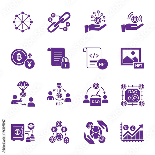 Cryptocurrency and decentralized finance glyph icons for blockchain