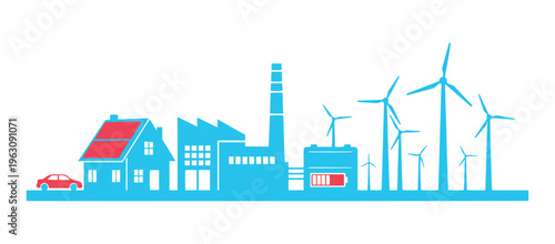 An illustration of a landscape with houses, a car, solar panels on the roof, an industrial building, battery backup storage, and windmills. This showcases a renewable energy smart power system.