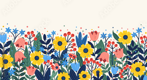 Vibrant floral meadow vector illustration with colorful blooming flowers and plants, perfect for spring and summer designs