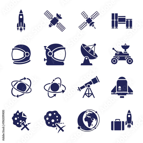 Space exploration and astronomical science research icon set in blue