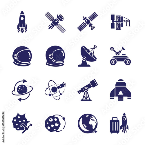Space exploration and aerospace engineering solid vector icon collection