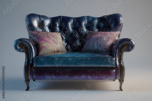 Elegant Tufted Leather Chair with Decorative Pillows, Front View