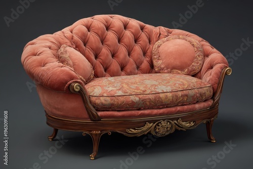 Elegant Victorian-style Loveseat with Tufted Velvet and Ornate Wood Detail