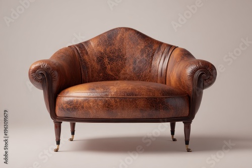 Classic Brown Leather Armchair: Elegant Vintage Furniture on Neutral Background