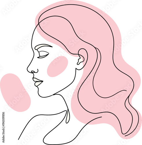 Female beauty concept. Vector one line modern illustration. Woman profile avatar by continous line on pink abstract shape. Design element for fashion, skincare, sale, advertisement