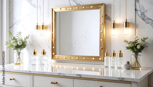 Glamorous bathroom interior with a golden ornate mirror and polished marble surface. A breathtaking blend of gold, white, and crystal textures under warm, diffused light.