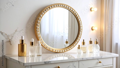 Glamorous bathroom interior with a golden ornate mirror and polished marble surface. A breathtaking blend of gold, white, and crystal textures under warm, diffused light.