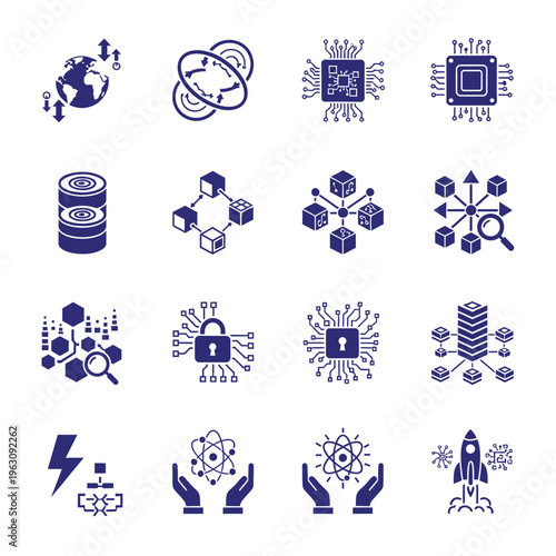 Advanced computing and data network technology vector icon set