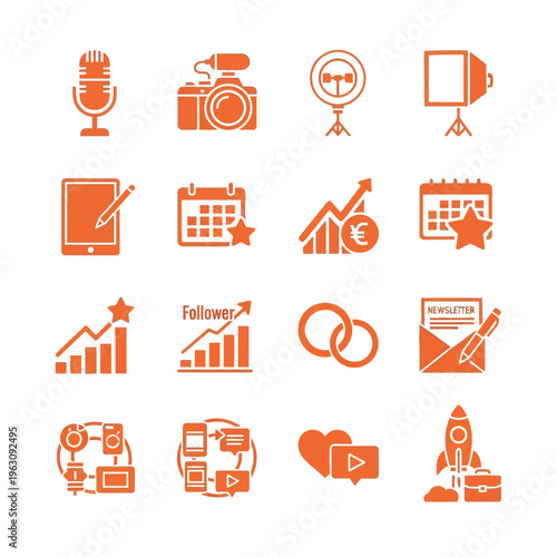 Social media marketing and content creator flat icon set for media