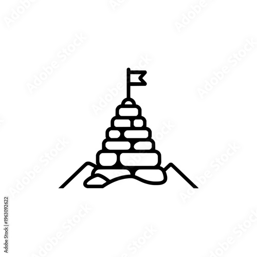 Summit cairn with flag icon logo design. Mountain trail stone stack sign and symbol. Rock pile cairn icon. Hiking and mountaineering navigation.