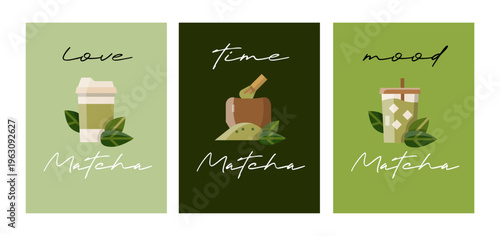 Matcha Love Time Mood Set Minimal Vector Illustration with Green Tea Drinks and Leaves for Branding