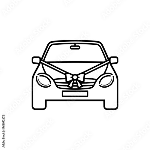 Wedding car with ribbon icon logo design. Marriage vehicle sign and symbol. Wedding car icon. Just married celebration transportation.