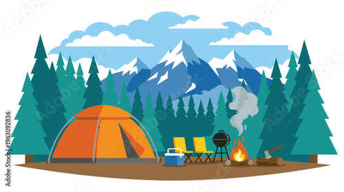 Summer camping in mountains with tent, campfire, bbq grill and chairs.