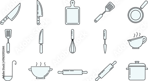 Minimalist vector illustration of essential kitchen utensils including knives, spatulas, whisk, cutting board, frying pan, ladle, pot, and rolling pins for cooking design concepts.