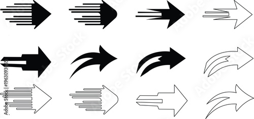 A collection of various arrow shapes demonstrating speed and motion with different stylized line effects