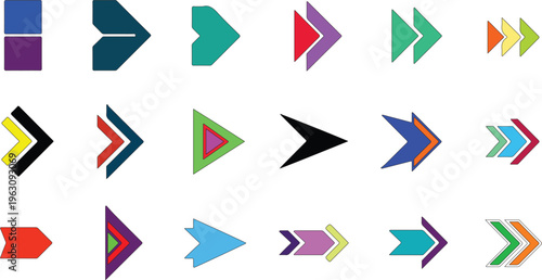 A collection of various colorful geometric arrow shapes pointing right in many different modern styles