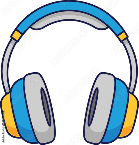 Colorful cartoon vector illustration of over‑ear headphones with blue headband, gray cushions, and yellow accents, symbolizing music, audio, sound, and entertainment concepts.