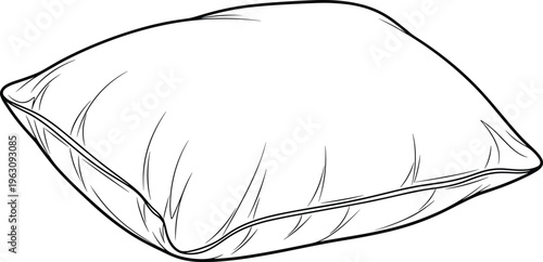 Black and white line drawing of soft pillow illustration, minimal vector design symbolizing comfort, sleep, rest, bedding, and household relaxation concepts.