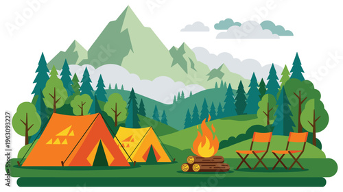 Summer camping in mountains with two tents, campfire and chairs.