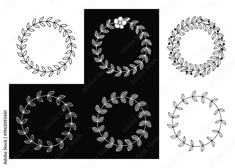 Obraz premium Collection of Hand-Drawn Leafy Wreaths and Circular