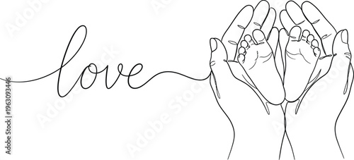 Tiny Feet Held Gently, Simple Vector one line continous love