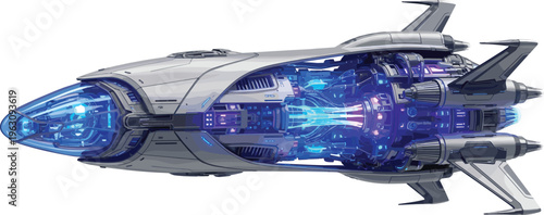 Futuristic sci fi spaceship with glowing energy core, advanced propulsion system illustration, high tech space vehicle isolated on white background vector