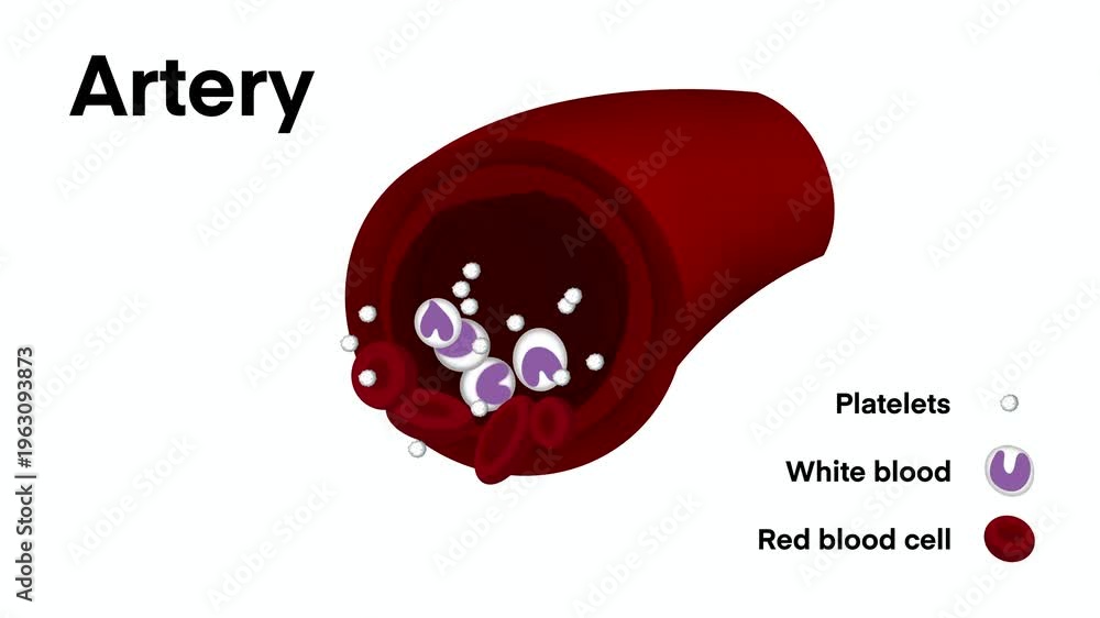 Scientific animation of artery cross section showing red blood cells ...