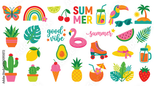 Summer holiday sticker collection with tropical plants and elements.