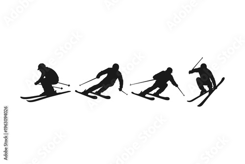 Set of silhouettes showing people skiing in various active poses