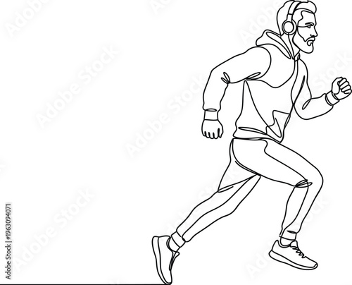Line art of Young man is jogging, continous line