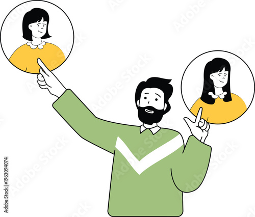 Man choosing between two smiling women with thumbs up and down gestures in a decision scenario