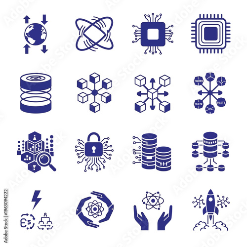 Blue advanced computing and network infrastructure icon set for technology