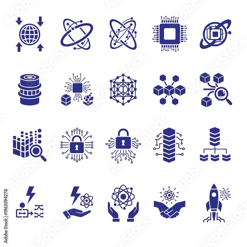 Blue advanced technology and global connectivity icon set for digital systems