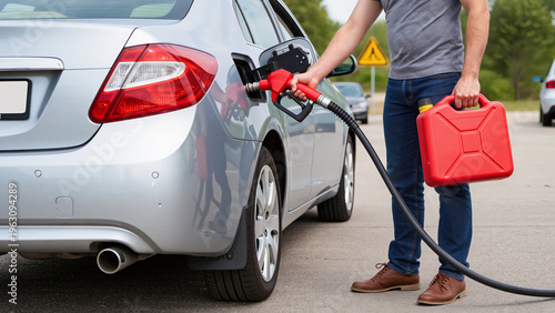 Fotografía A man is refueling a car, He holds a red fuel canister, The person is standing o