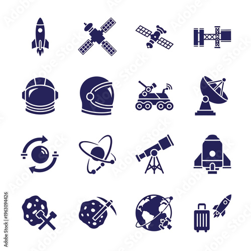 Space exploration and astronomy discovery icons set dark blue