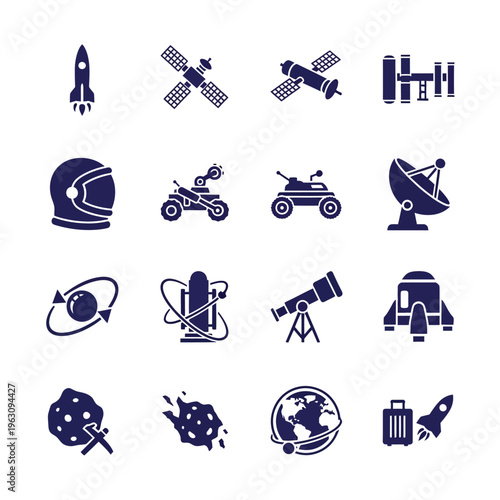 Space exploration technology and astronomical mission icons set