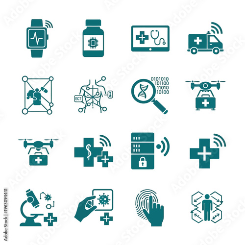 Digital health technology icons set for medical innovation and research