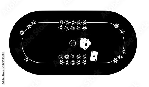 Top view poker table with chips and playing cards green felt casino vector illustration isolated on white
