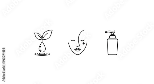 Minimalist icons depicting nature beauty and a pump bottle silhouette